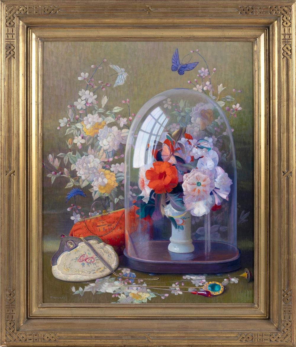 Sid Willis comparable auction result: sid willis new hampshire massachusetts 1930 2021 still life of flowers under a cloche oil on panel 26 x 21 framed 34 x 29