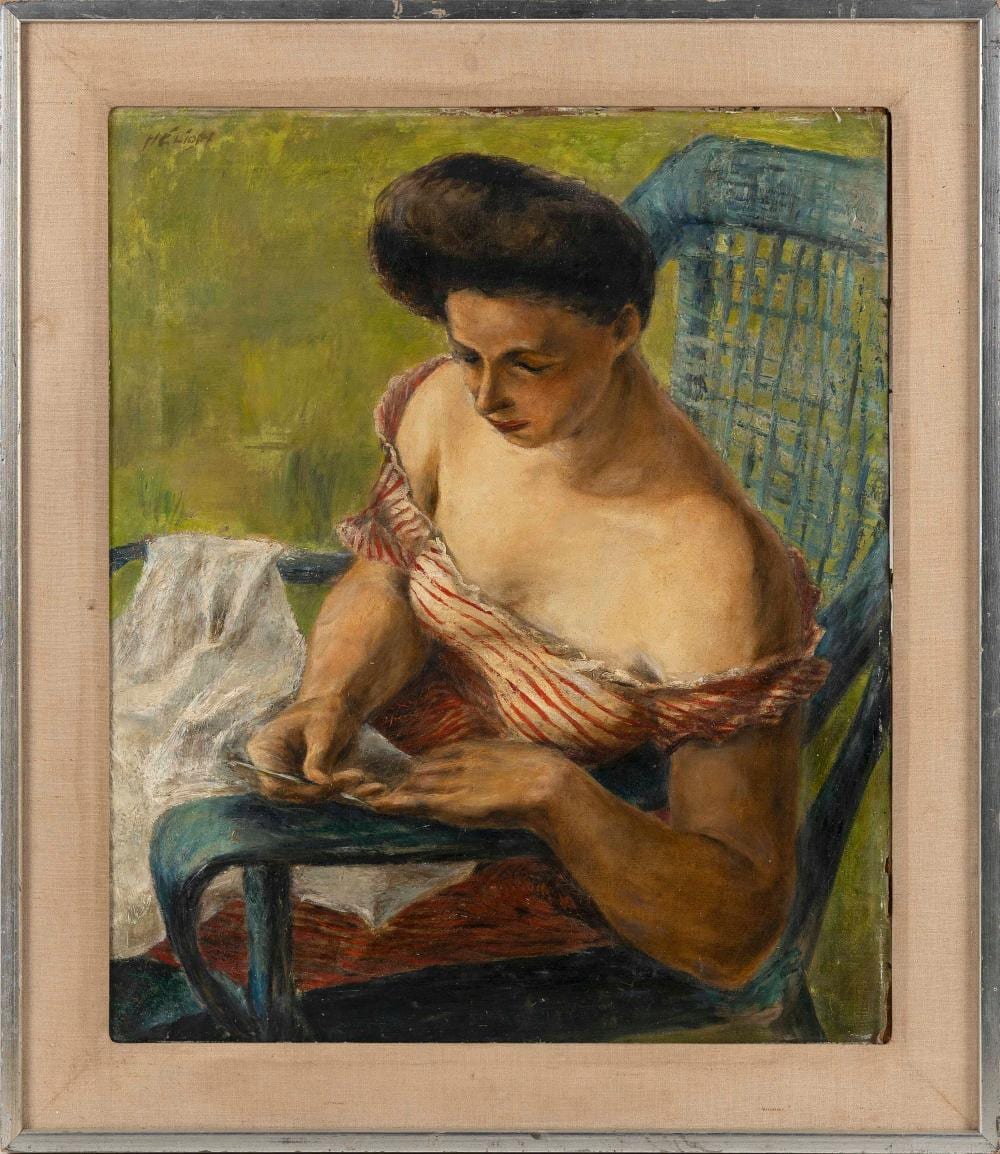 Anne Helioff comparable auction result: anne helioff new york england 1910 2001 a lady doing her nails while seated in a wicker chair oil on canvas 24 x 20 framed 29 x 25