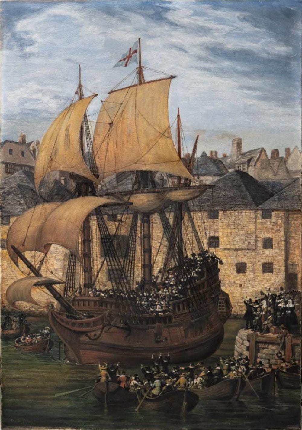 Gustave Louis Michel Alaux comparable auction result: gustave alaux pilgrims and mayflower depart detailed large oil on canvas