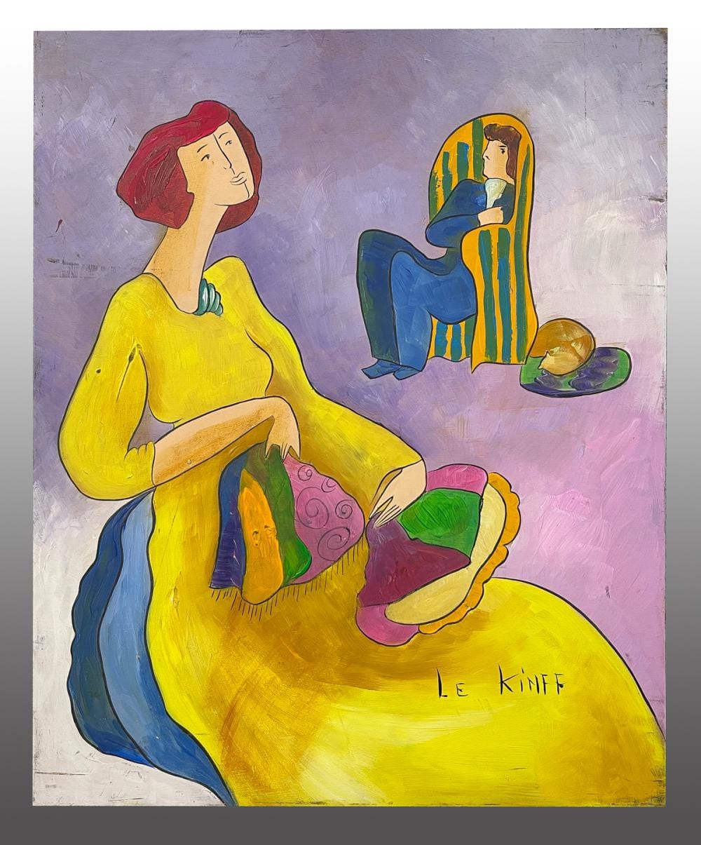 Linda LeKinf comparable auction result: original le kinff painting woman in yellow dress
