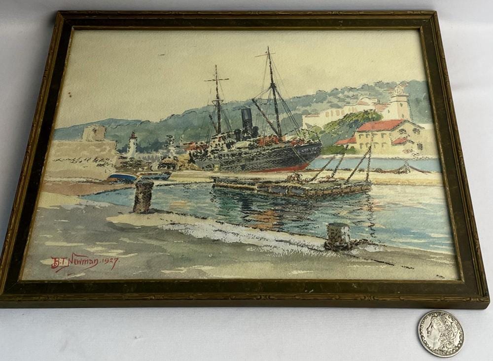Benjamin Tupper Newman comparable auction result: benjamin tupper newman 1858 1940 cassis france loading the freighter watercolor painting 1927 framed