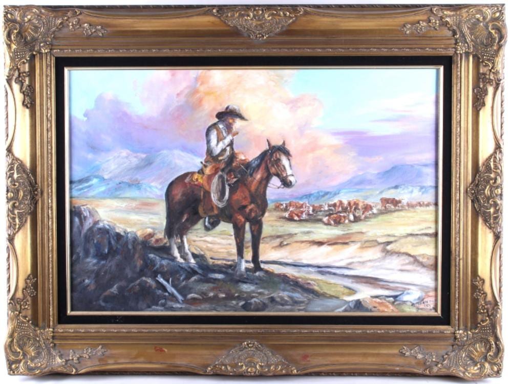 Margie Jackson comparable auction result: margie jackson 1934 2021 smoking cowboy painting