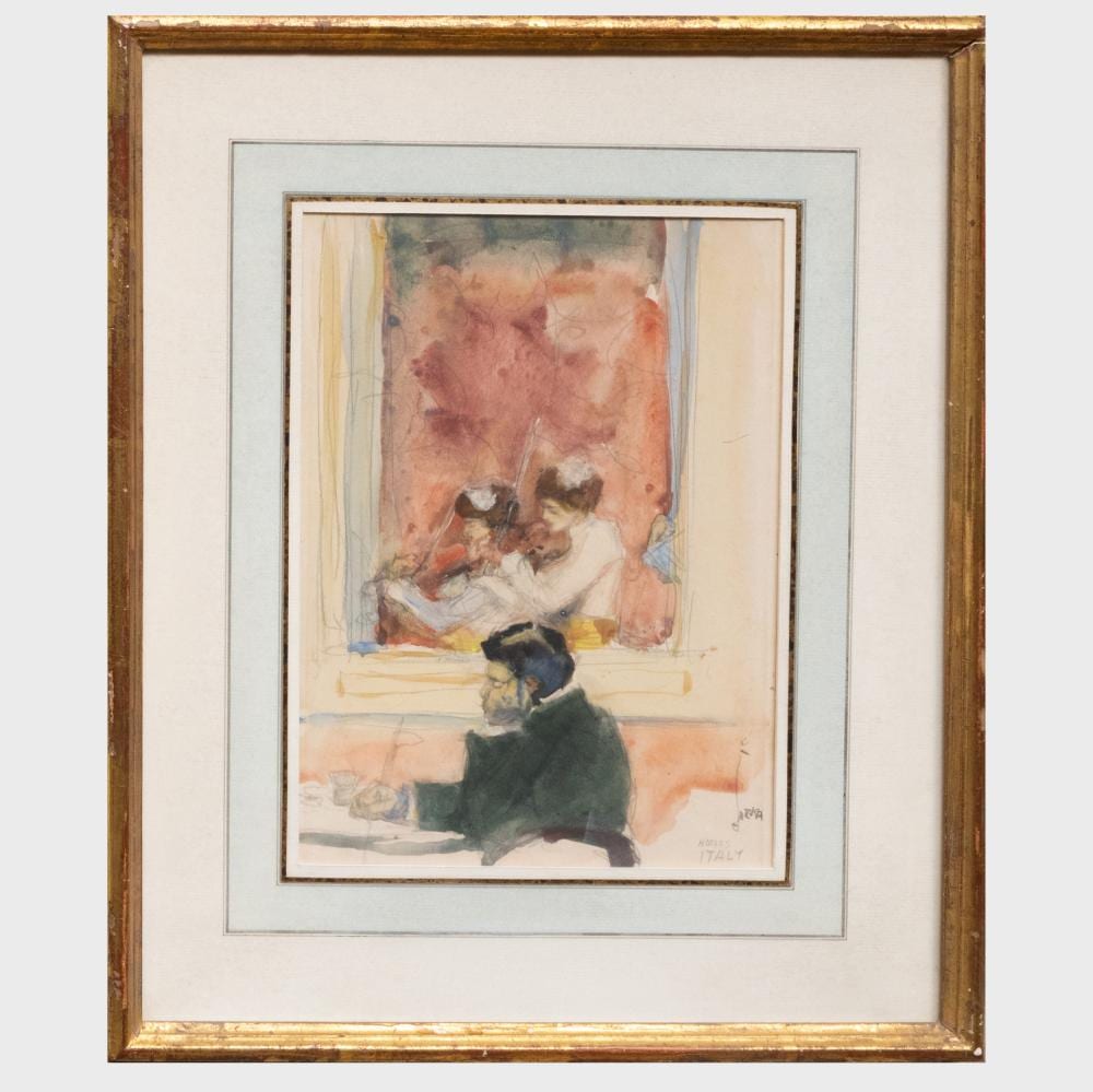 Framed watercolor and pencil drawing of a seated café patron with figures in the background.