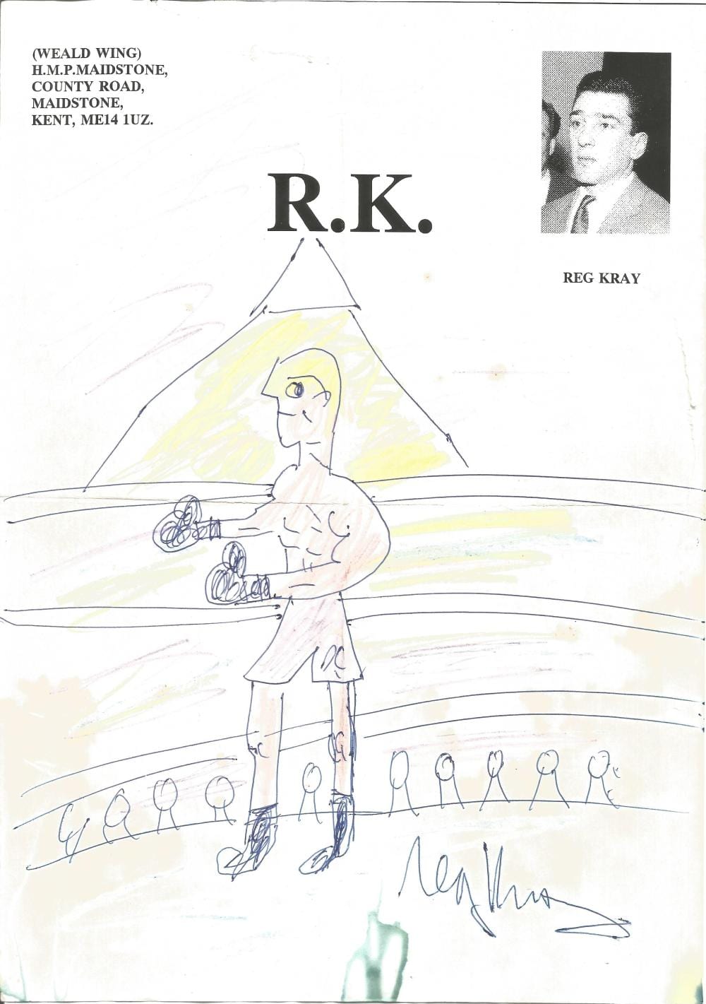 reggie kray hand drawn and signed illustration on hmp maidstone headed a4 paper featuring a boxer in · Chaucer Auctions · 2022-01-26 Reggie Kray comparable auction result: reggie kray hand drawn and signed illustration on hmp maidstone headed a4 paper featuring a boxer in