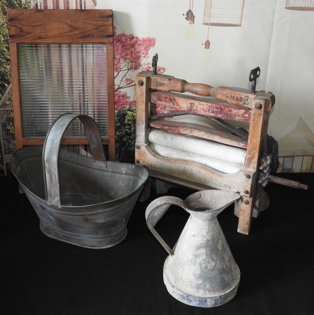 An Antique English Washing Lot - Washboard, Wringer etc sold by Danielle Elizabeth Antique & Estate Auctioneers, lot 8 — auction record photograph
