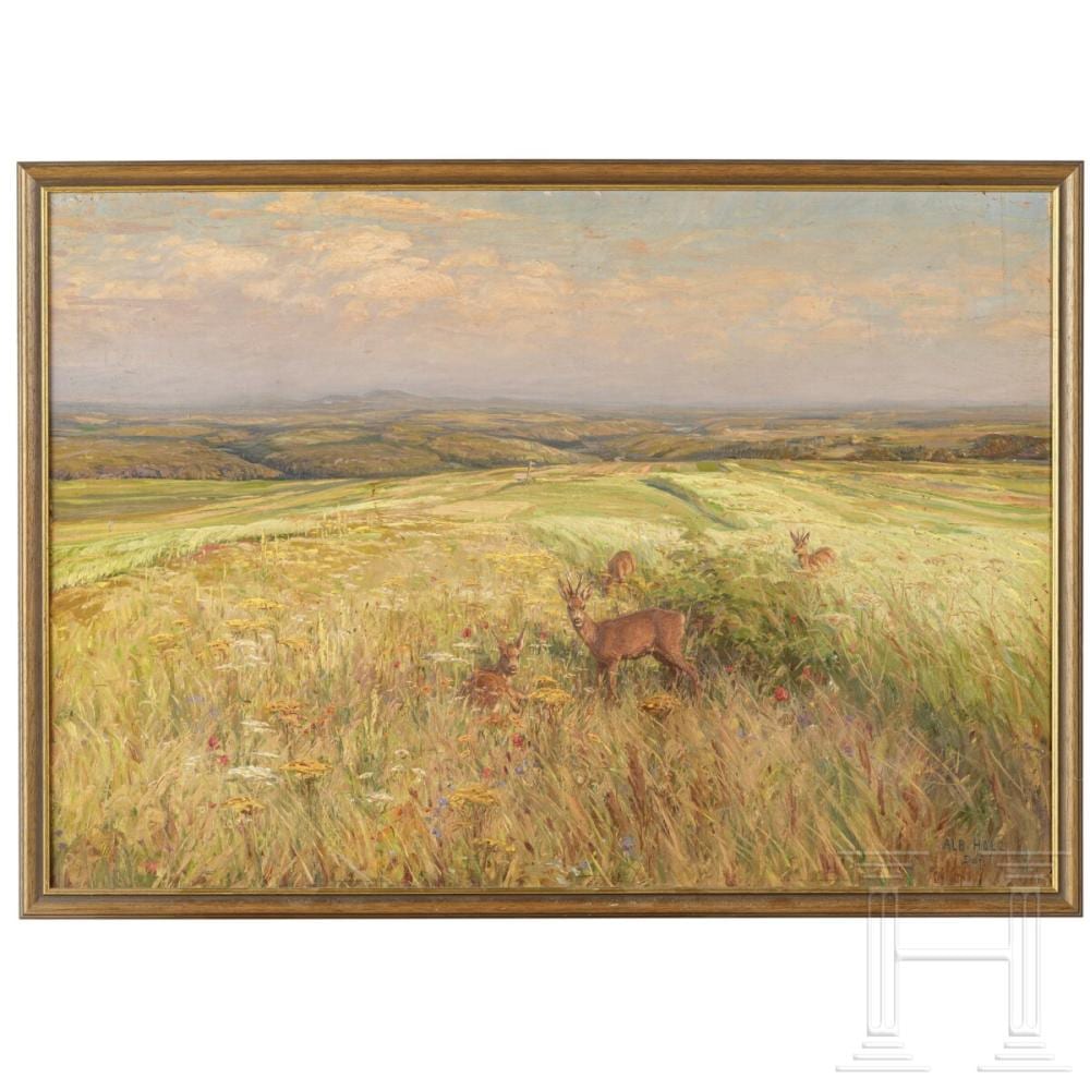 Albert Holz comparable auction result: albert holz a meadow landscape with deer d sseldorf 20th century