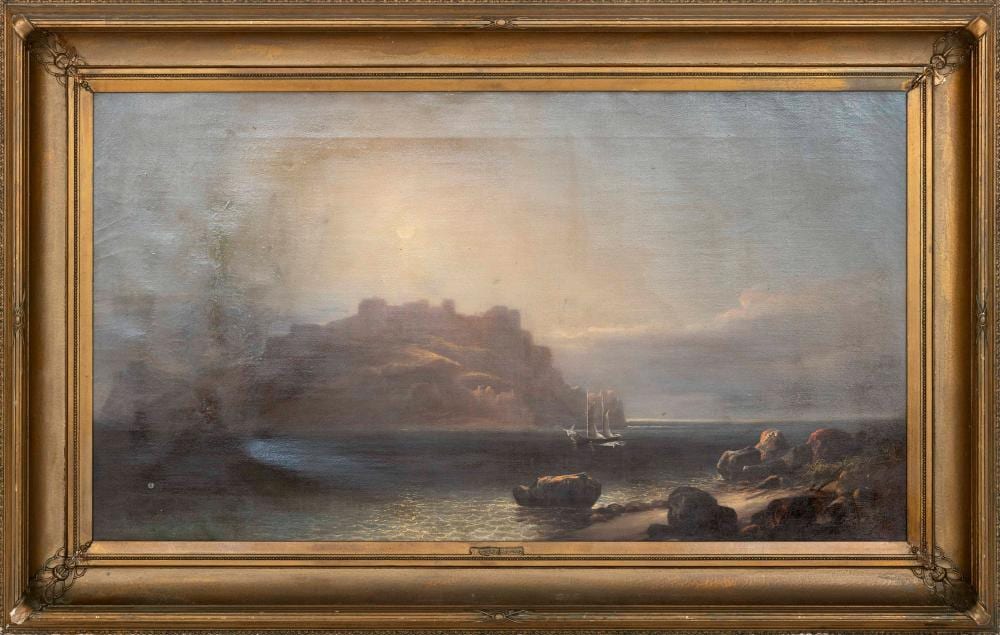 Augustus Rockwell comparable auction result: augustus rockwell new york 1822 1882 ship off a steep rocky coast oil on canvas 28 x 50 framed 39 x 61