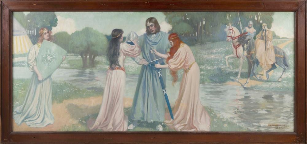 howard everett giles new york vermont 1876 1955 illustration of a knighting scene oil on canvas 26 x 63 framed 30 x 67 · Eldred's · 2022-02-11 Howard Everett Giles comparable auction result: howard everett giles new york vermont 1876 1955 illustration of a knighting scene oil on canvas 26 x 63 framed 30 x 67
