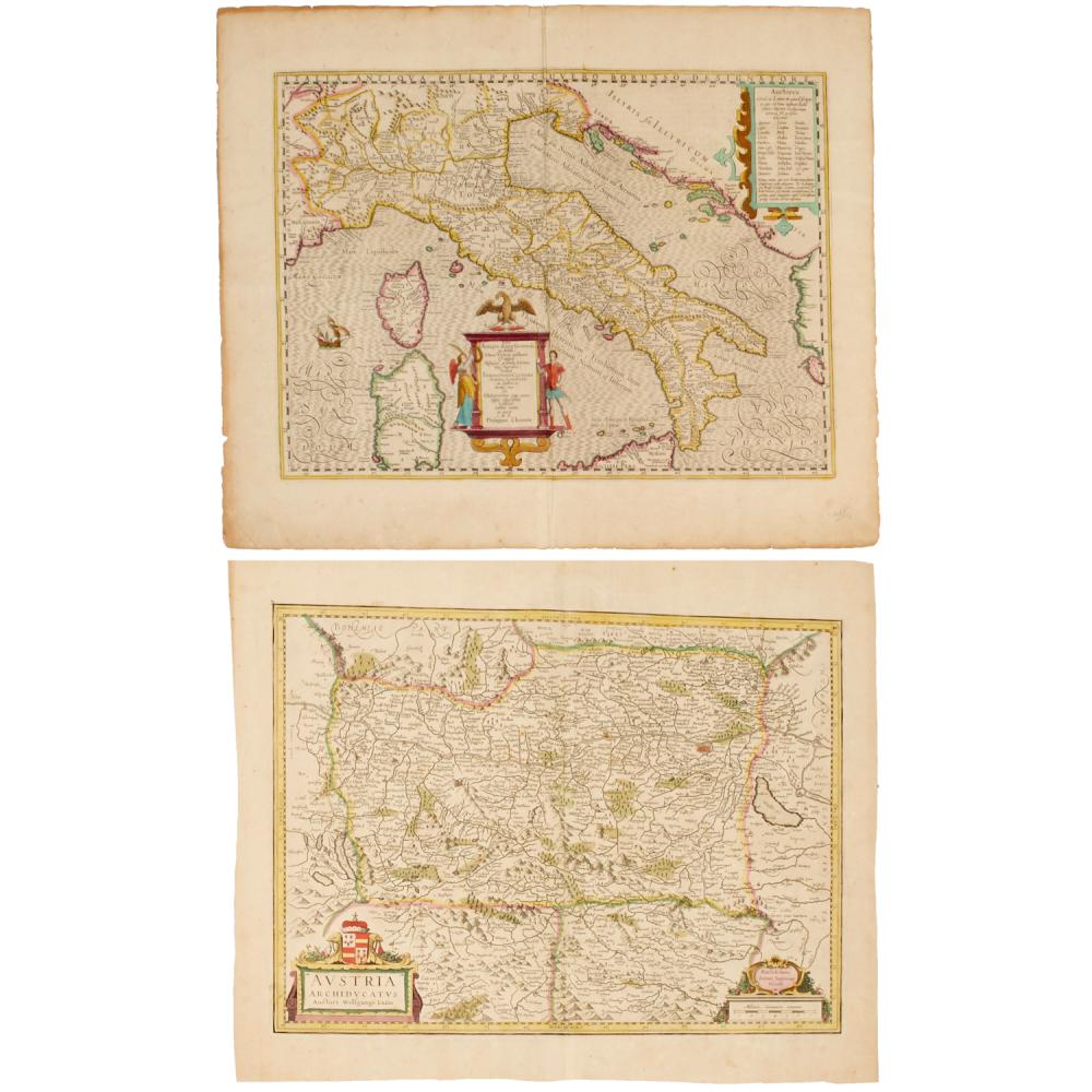Pair hand-colored antique maps, 17th c. sold by Millea Bros Ltd, lot 1021 — auction record photograph