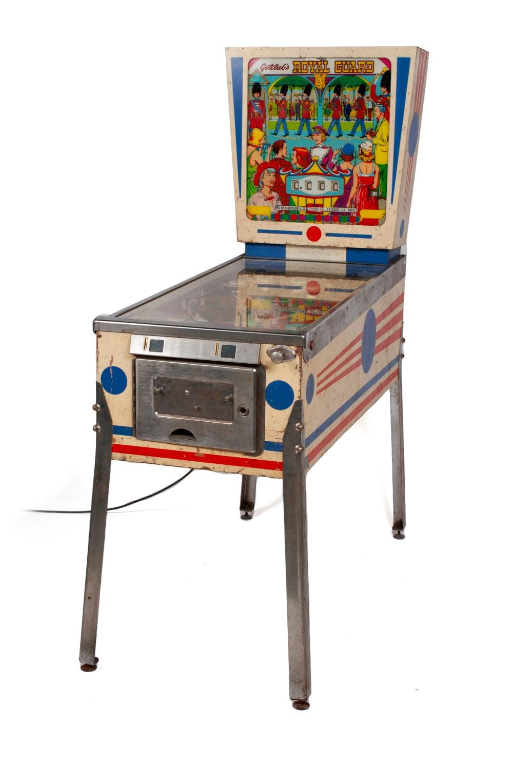 Vintage pinball machine with colorful front artwork reading “Gottlieb’s Royal Guard,” metal cabinet, and playfield glass.