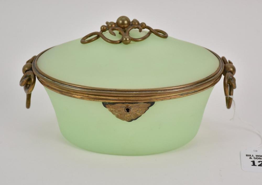 ANTIQUE FRENCH GREEN OPALINE GLASS & BRONZE BOX. Condition: no damage identified. Length 8" Height 5" Depth 5 1/2" sold by Bill Hood & Sons Arts & Antiques Auctions, lot 12 — auction record photograph