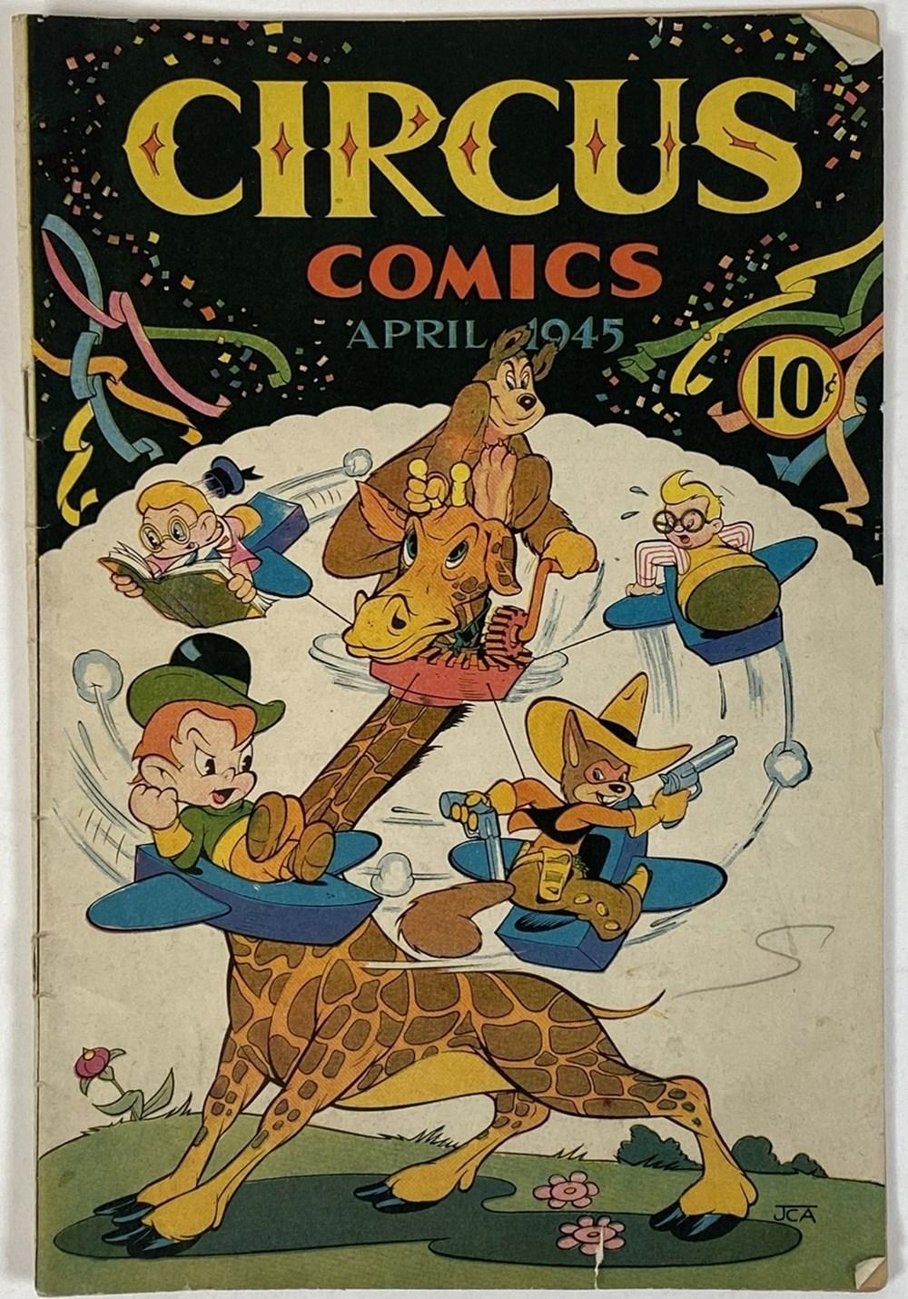 Cover of a comic book titled “Circus Comics,” showing cartoon circus animals and children with “April 1945” in the center.