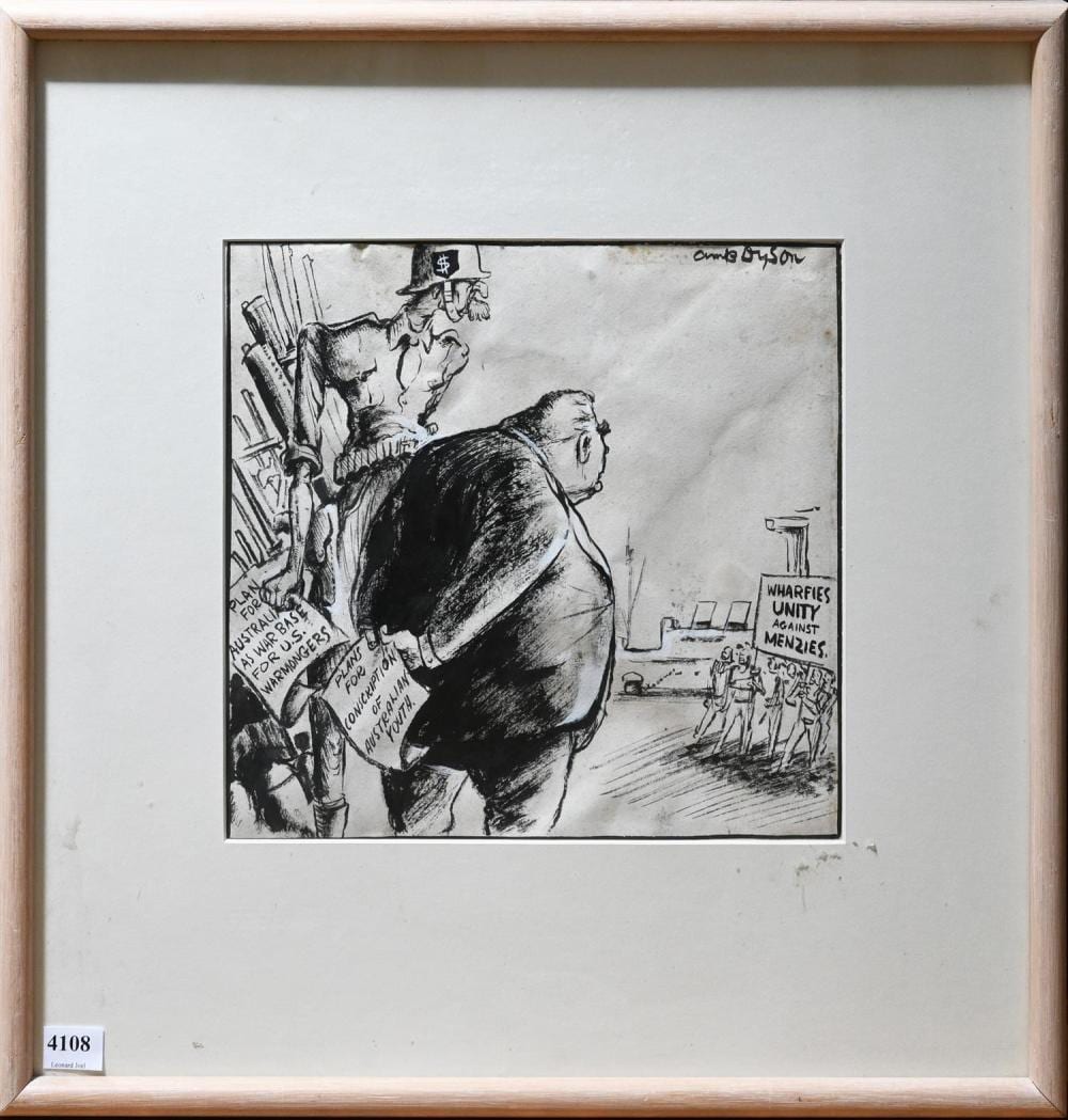 Will Dyson comparable auction result: will dyson wharfies unity against menzies ink on paper 24 x 26cm framed 46 x 45cm
