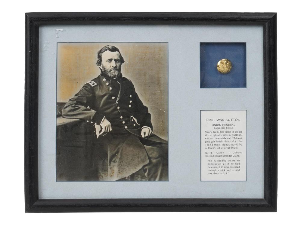 Framed display showing a black-and-white portrait of a Civil War-era soldier and a small gold-colored military button in a blue inset.