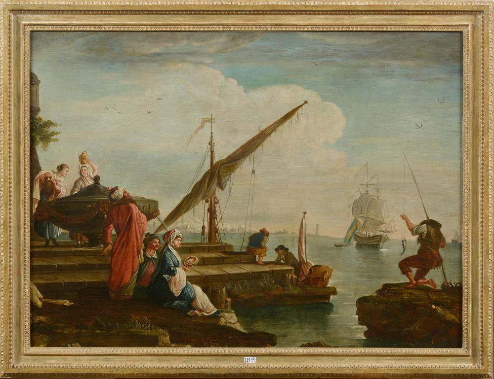 Charles La Croix de Marseille comparable auction result: huile sur toile maroufl e sur toile sc ne portuaire anim e att