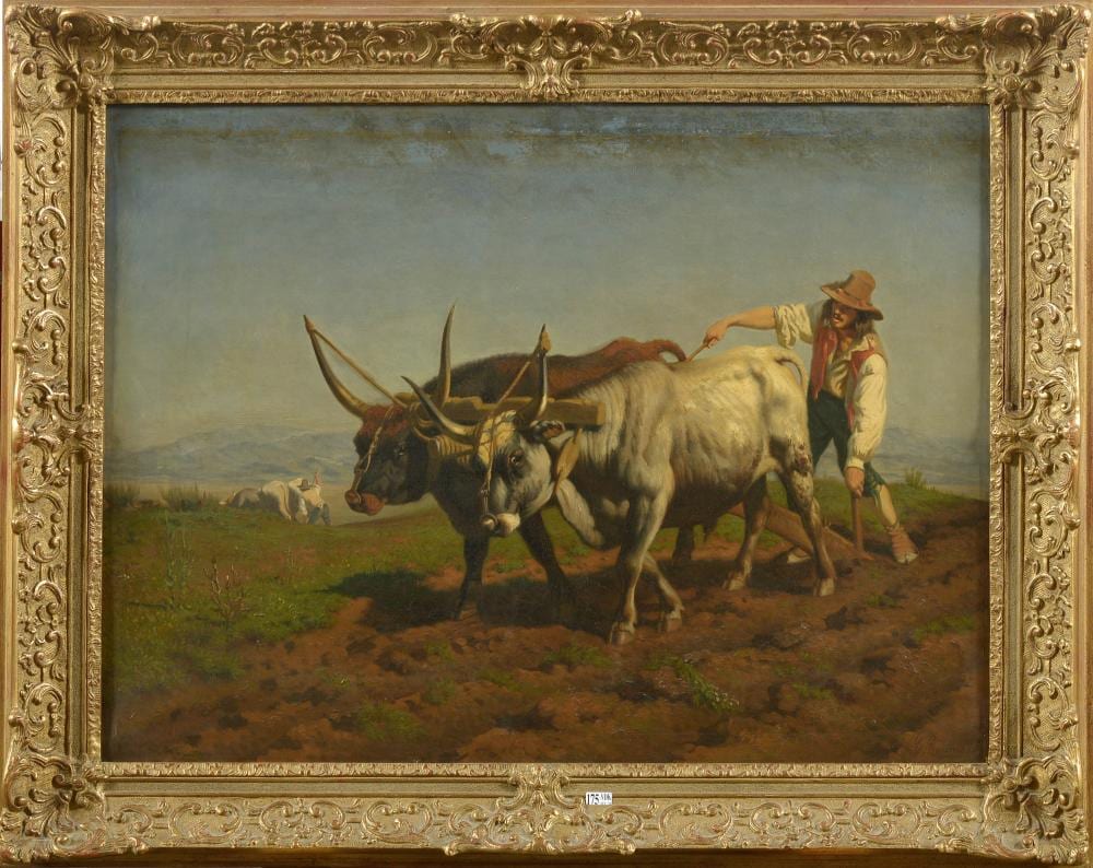 huile sur toile paysan et son attelage de bovins au champs en it · Vanderkindere · 2022-02-15 Charles Coumont comparable auction result: huile sur toile paysan et son attelage de bovins au champs en it