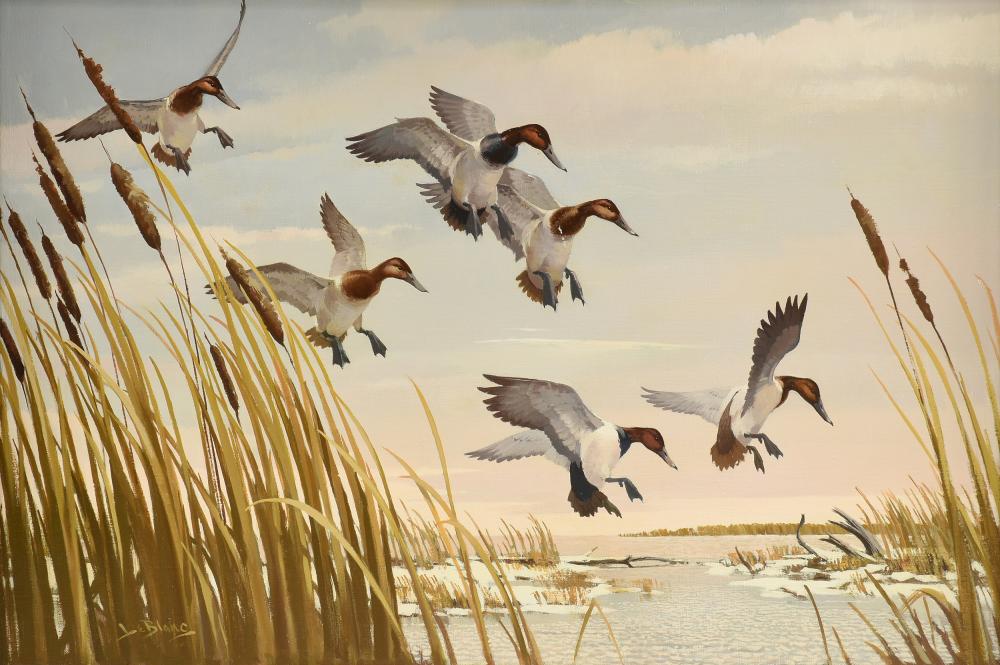 Lee LeBlanc comparable auction result: lee leblanc american 1913 1988 a painting canvas back ducks landing in marsh
