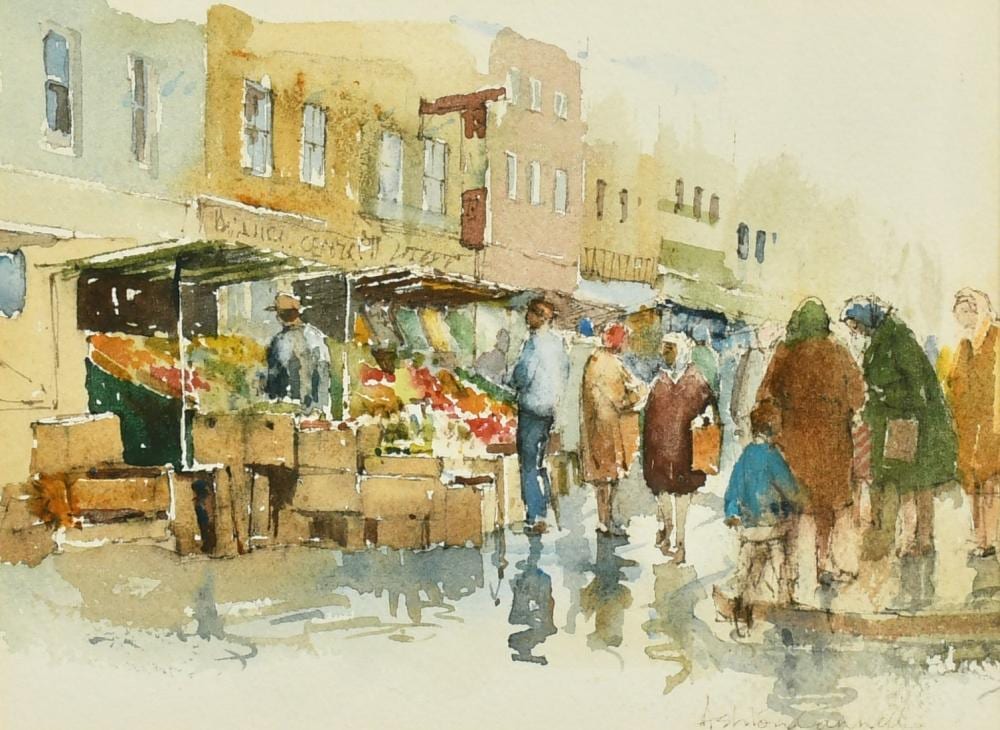 Edward Ashton Cannell comparable auction result: ashton cannell 1927 1994 british the market line and wash signed mall galleries exhibition label verso