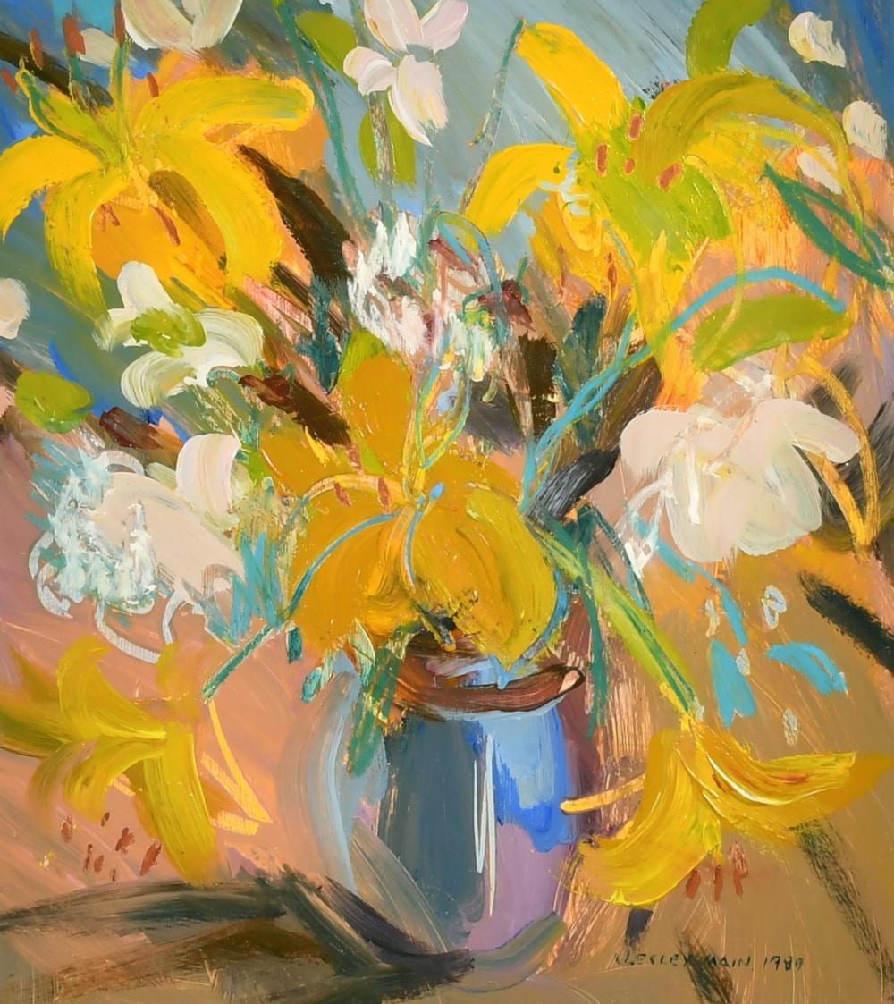 Irene Lesley Main comparable auction result: irene lesley main b 1959 a still life of yellow lilies oil on board signed and dated 1989 14 5 x 12 75