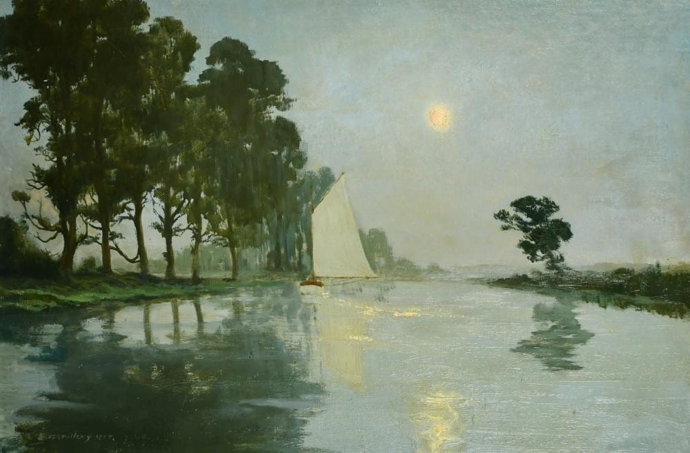 Emile Verpilleux comparable auction result: emile antoine verpilleux 1888 1964 anglo belgian a nocturn view of a sailboat on a tree lined river oil on