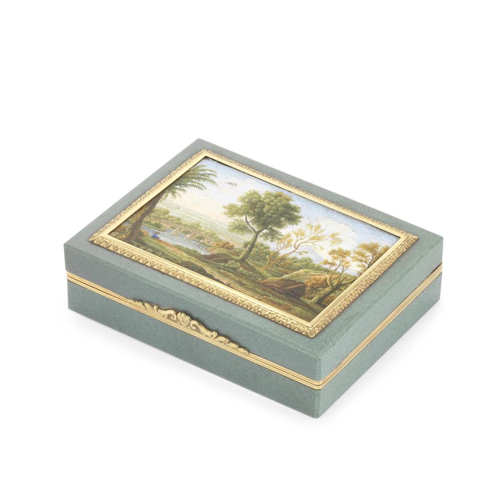 An early 19th century Italian micro mosaic and gold-mounted hardstone snuff box, by Camillo Picconi, Rome circa 1810-1815 sold by Bonhams, lot 167 — auction record photograph