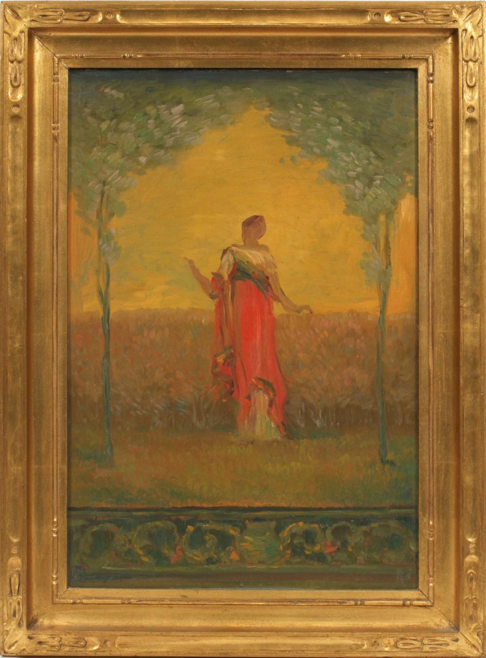 Leon Dabo comparable auction result: leon dabo french amer 1865 60 oil on canvas laid down on masonite h 21 w 14 lady in the garden