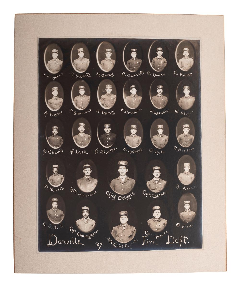 [EARLY PHOTOGRAPHY]. Composite photograph of Danville, Illinois, Fire Department, incl. African American firefighters. Danville, IL, 1907. sold by Hindman, lot 169 — auction record photograph