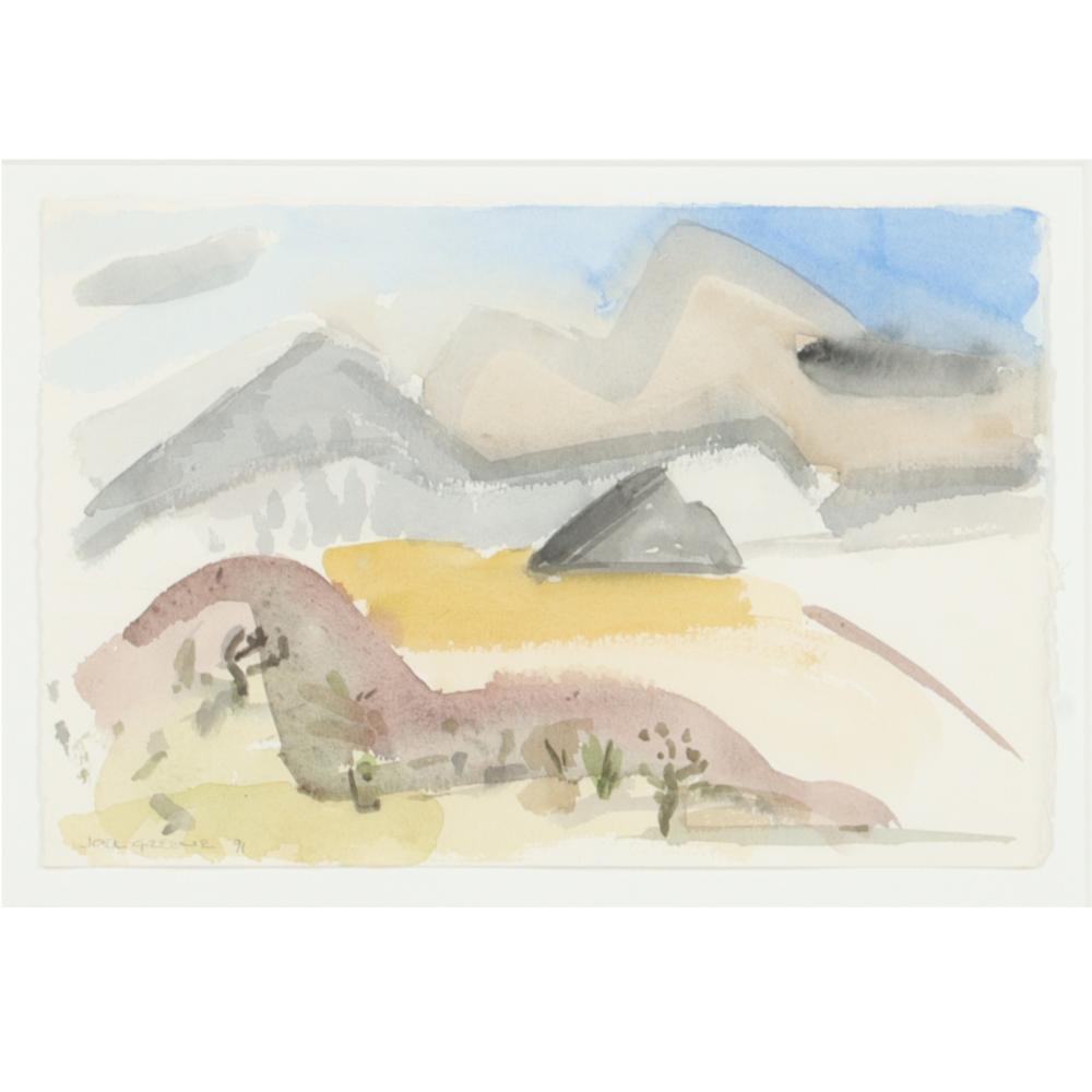 Joel F. Greene, New Mexico (b. 1953), untitled landscape, 1991, watercolor on paper, 7 3/4"H x 11 1/2"W (sight), 15"H x 19"W (frame) sold by Ripley Auctions, lot 66 — auction record photograph
