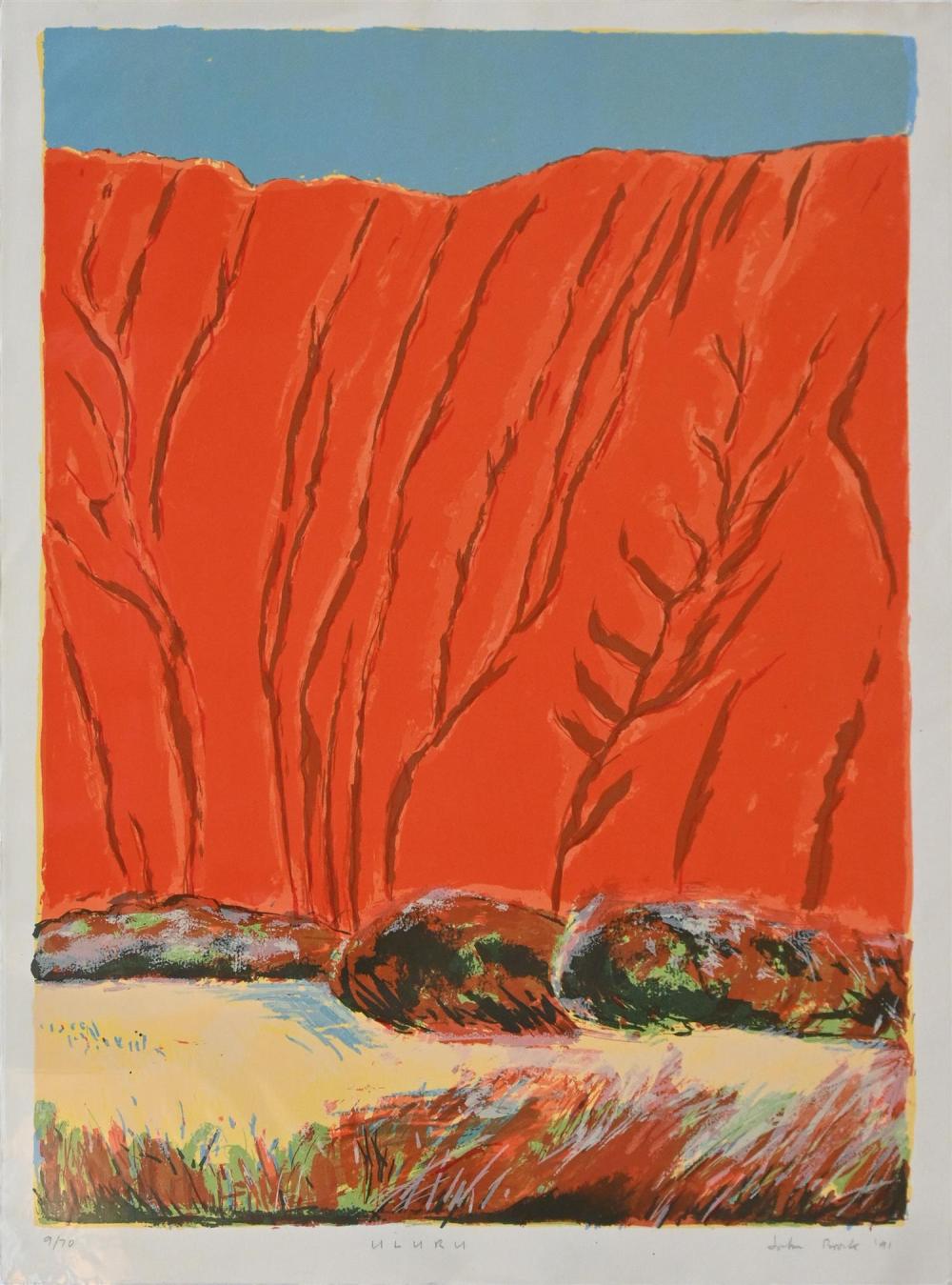 Bill Meyer comparable auction result: bill meyer tree totem red with salmon landscape screenprint a p 55 x 77cm work is unframed however backed and wrapped in plast