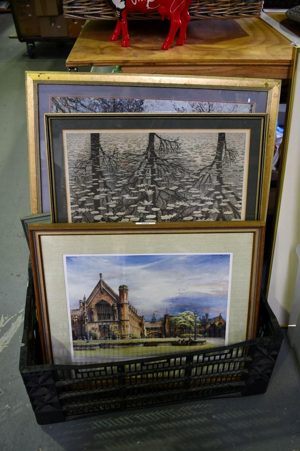 5 assorted framed prints, various examples, including Kenneth Jack hand signed print, surrealist scene with goldfish in lilly pond with tree reflection, Arthur Streeton, Pissarro and Edward Hopper, all framed. sold by Bargain Hunt Auctions, lot 3689 — auction record photograph
