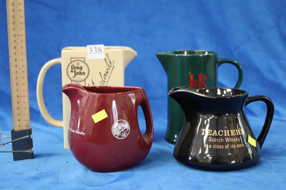 4 BARWARE WHISKEY JUGS sold by Albion Antique Auction Centre, lot 338 — auction record photograph
