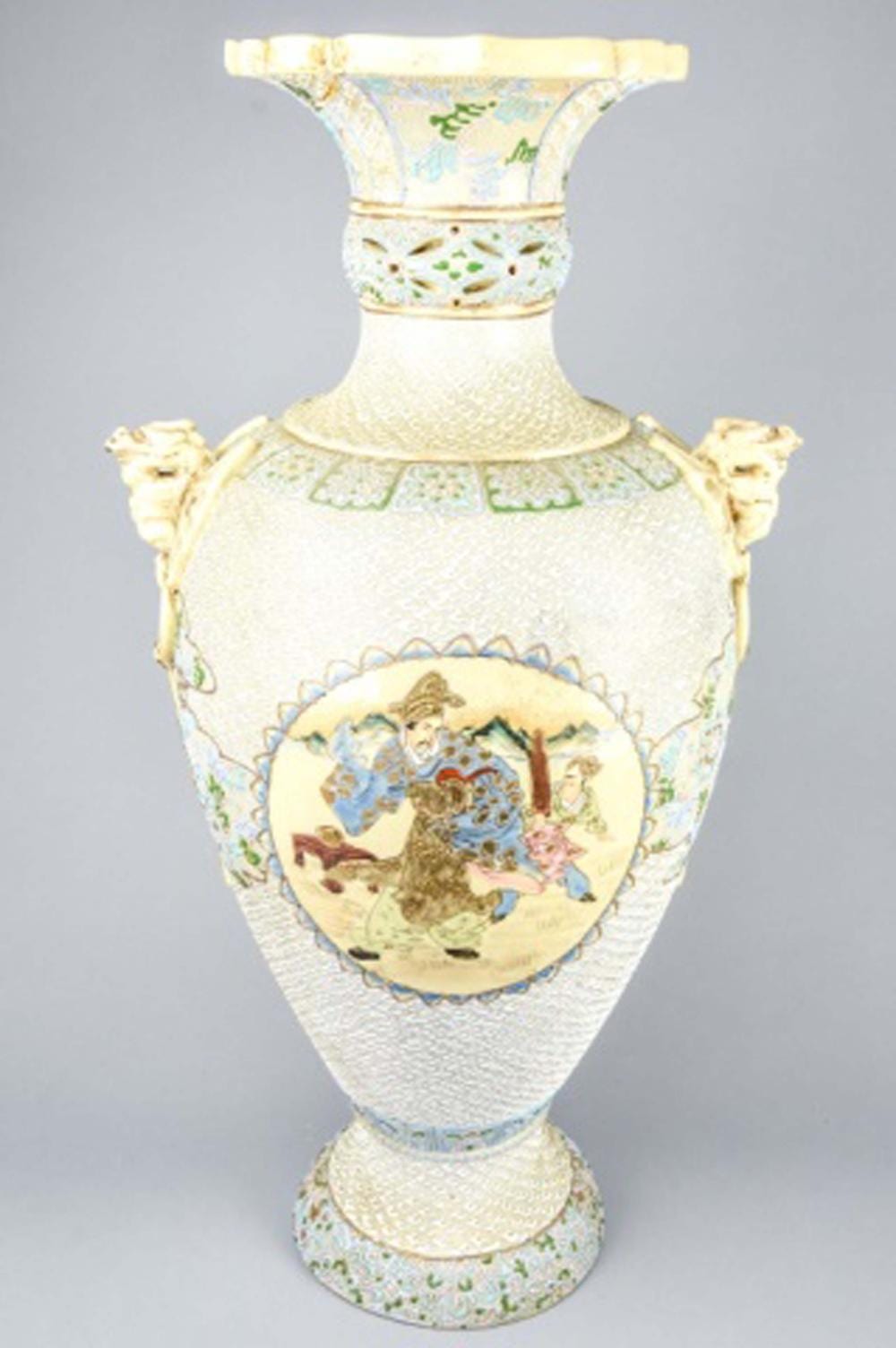 White and multicolor Japanese-style floor vase with an ornate flared rim, central panel of a landscape scene, and molded decorative details.