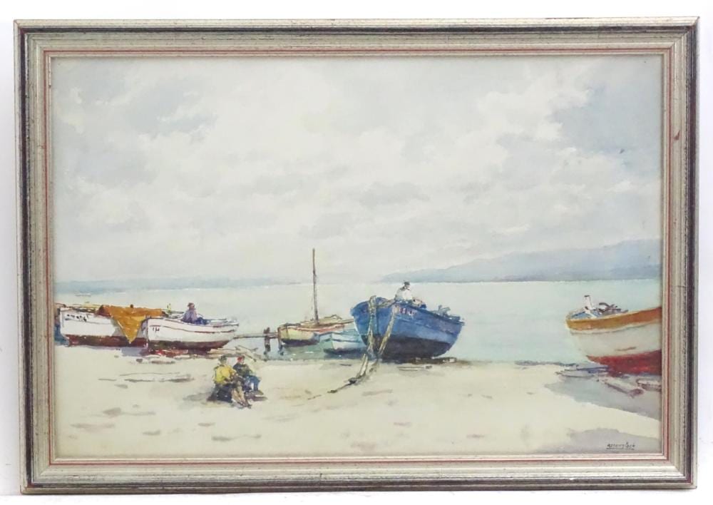 Isidor Rosenstock comparable auction result: isidore rosenstock 1880 1956 watercolour moored boats with fishermen resting on the beach signe