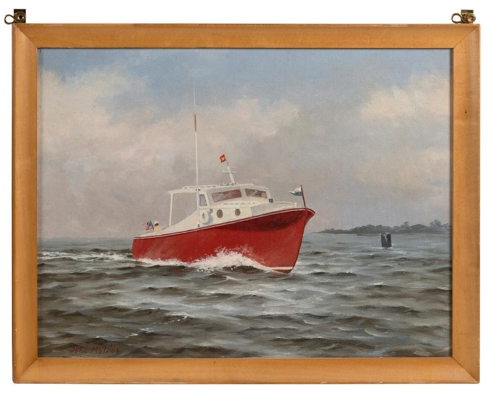 John Moll comparable auction result: john moll america 1910 1991 a cabin cruiser oil on board 12 75 x 16 5 sight framed 14 75 x 18 75