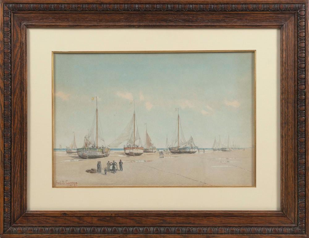 Frederick Schiller Cozzens comparable auction result: frederick schiller cozzens new york 1846 1928 beached sailboats watercolor on paper 13 25 x 20 framed 24 x 31
