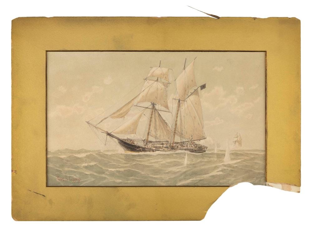 Frederick Schiller Cozzens comparable auction result: frederick schiller cozzens new york 1846 1928 pirate ship under attack watercolor 9 75 x 16 sight matted 15 x 21