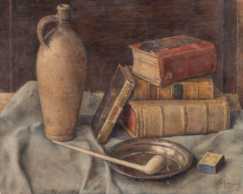 Albert Henrich comparable auction result: albert henrich stilleben mit buechern krug und pfeife