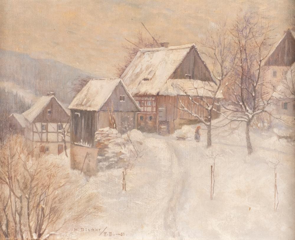 Hermann Dischler comparable auction result: hermann dischler attr verschneite bauerngehoefte 1901