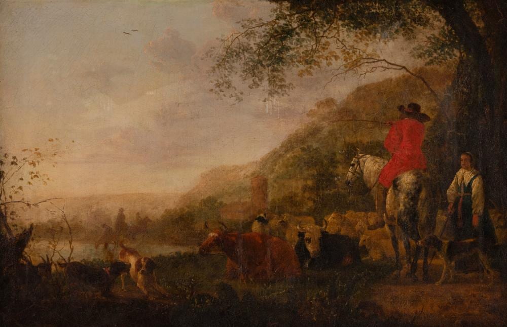 Aelbert Jacobsz. Cuyp comparable auction result: aelbert jacobsz cuyp in der art des reiter und hirte mit weidevieh am flussufer mit burganlage