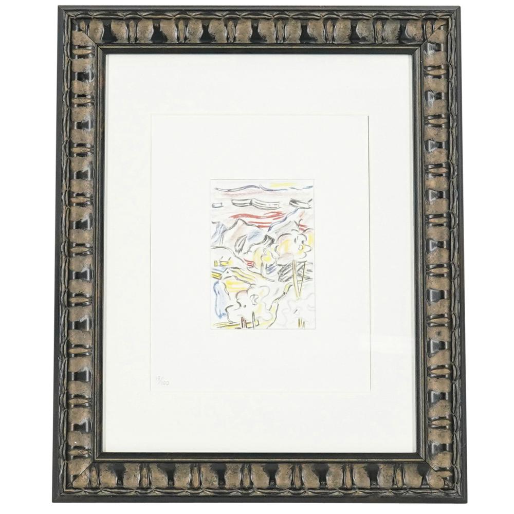 Framed print featuring a small colorful abstract composition with lines and shapes, set on a white mat and light background.