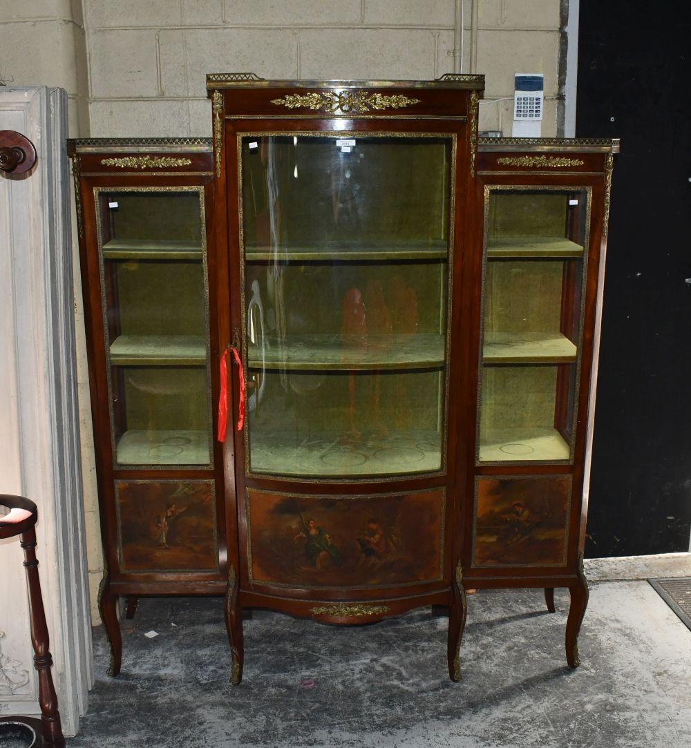 Auction comp thumbnail for Antique French display cabinet vitrine, in French walnut with decorative gilt brass embellishments and gallery rail, hand painted detail to lower panels, cabriole legs, lined back and shelves in green coloured velvet, do (Bargain Hunt Auctions, Lot 2915)