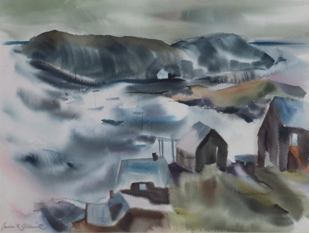Lawrence Goldsmith comparable auction result: lawrence goldsmith am 1916 2004 manana and harbor watercolor on paper framed under glass 17 5 8 x 23 1 2 sight 27 1 4 x 32 5 8 framed