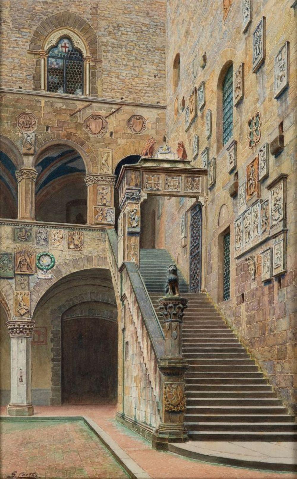 Sergio Cecchi comparable auction result: sergio cecchi italian swiss 1921 1986 cortile del bargello firenze pencil and watercolour