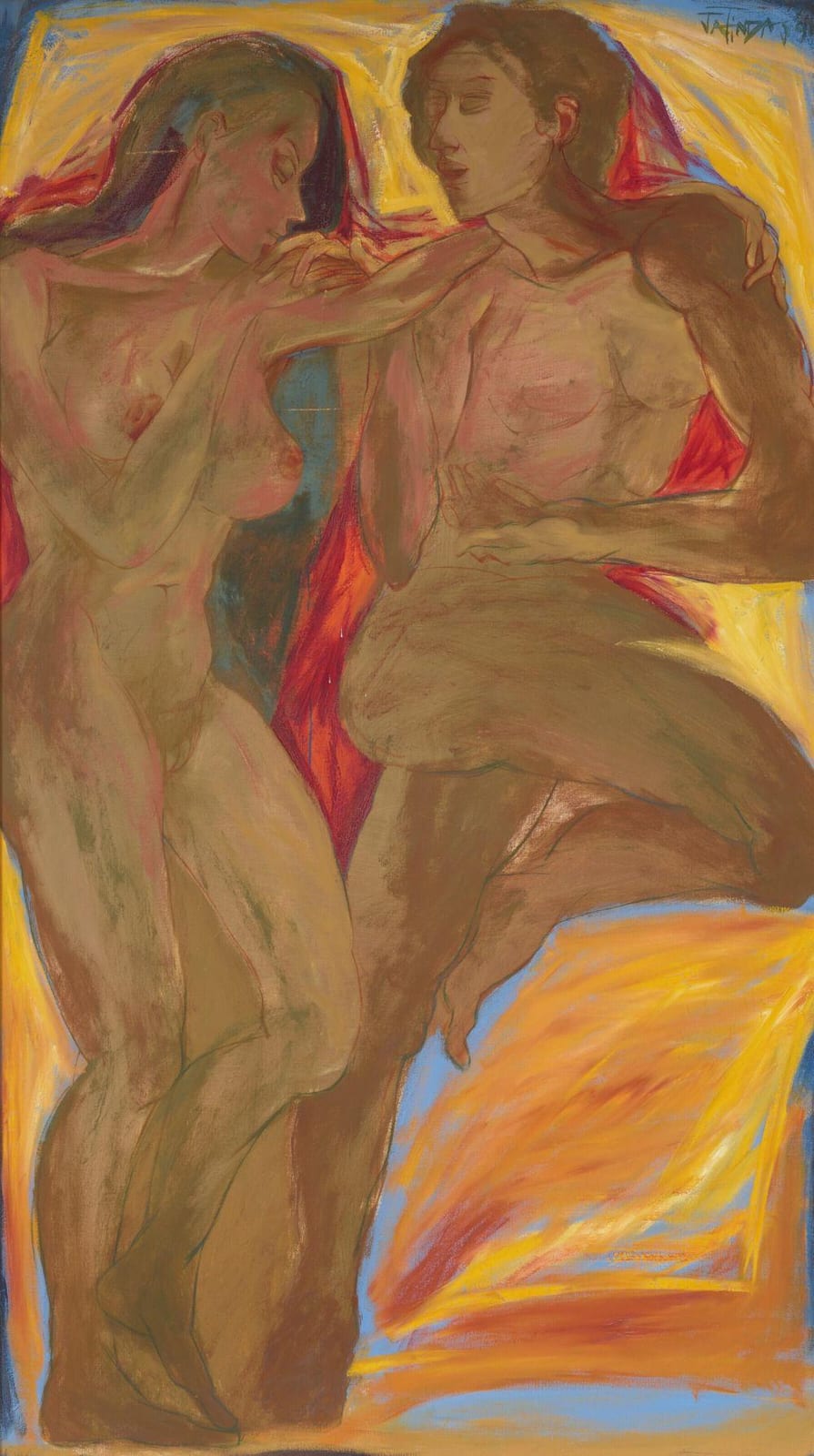 Jatin Das comparable auction result: jatin das b 1941 tenderly together oil on canvas