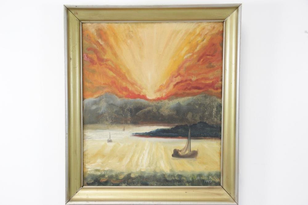 Sarus Nielsen comparable auction result: sarus nielsen 1897 1973 kystparti med solopgang olie p l rred 70 x 59 cd