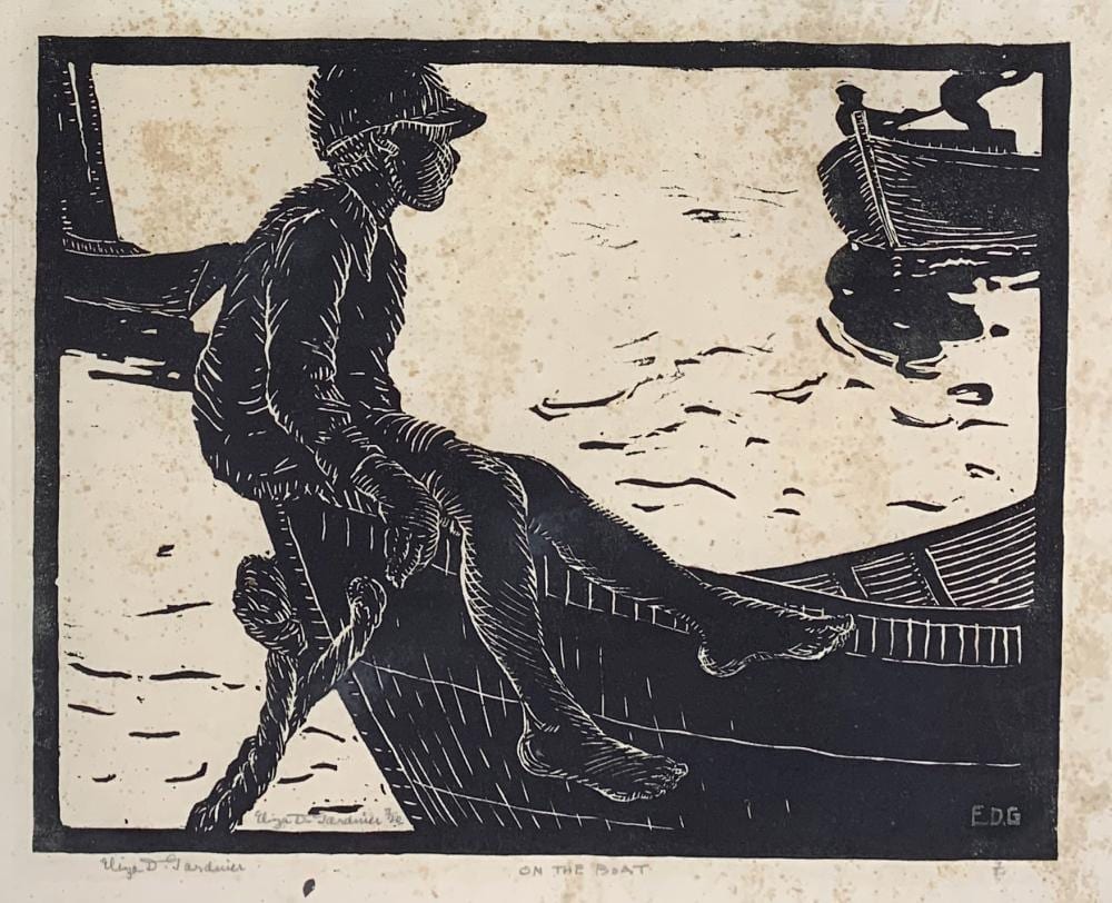 Eliza Draper Gardiner comparable auction result: eliza draper gardiner 1871 1955 on the boat 7 20 woodblock print