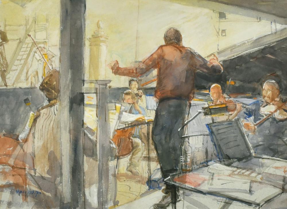 Mary Jackson comparable auction result: mary jackson b 1936 british rehearsal in a theatre orchestra pit watercolour signed 9 5 x 13 5