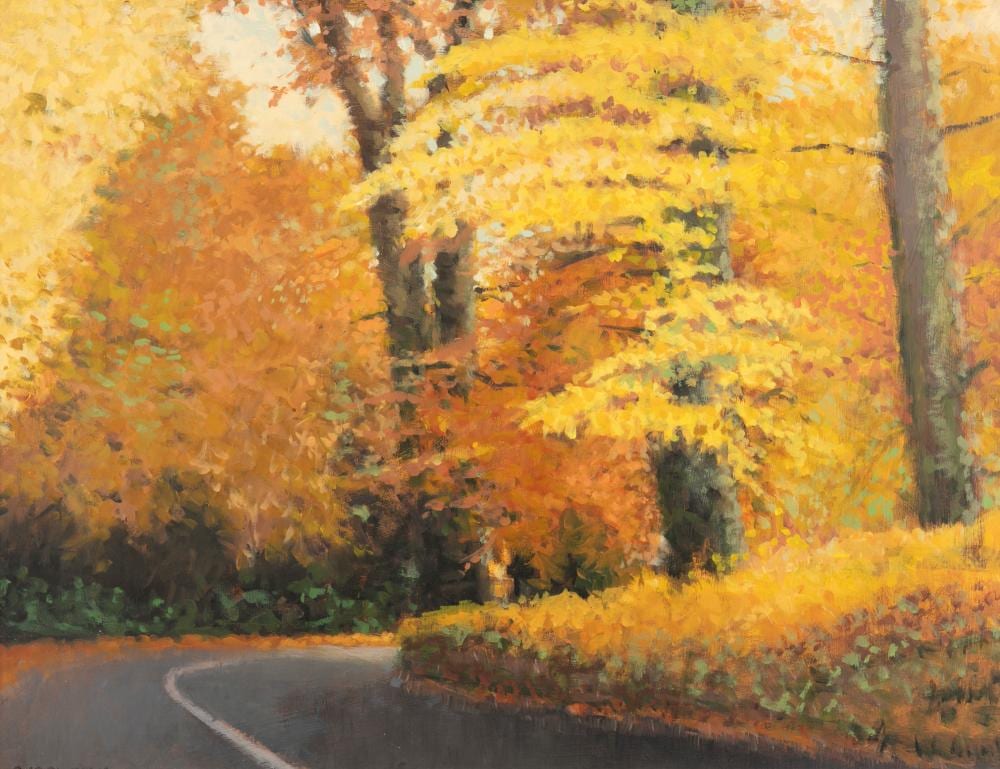 Trevor Geoghegan comparable auction result: trevor geoghegan b 1946 bend in the road blessington co wicklow oil on board 40 x 51cm 16 x 20 signed