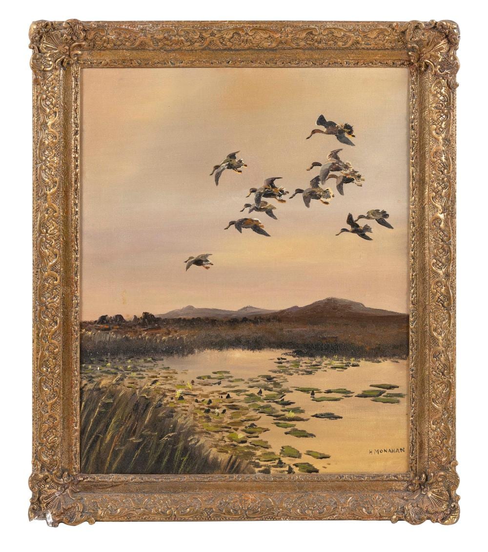 Hugh Monahan comparable auction result: hugh cecil charles monahan canada ireland england 1914 1970 flock of shoveler ducks in flight oil on canvas 20 x 16 framed 24 x 20