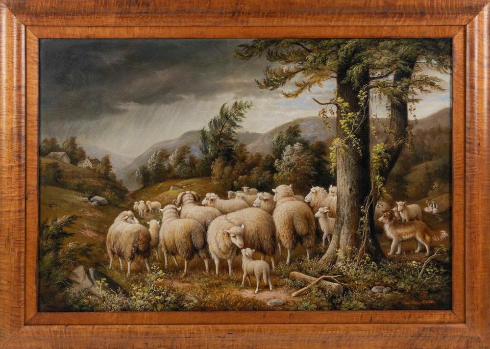 Susan Catherine Moore Waters comparable auction result: susan catherine moore waters new jersey new york 1823 1900 herding sheep before the storm oil on canvas 24 x 36 framed 31 x 42 5